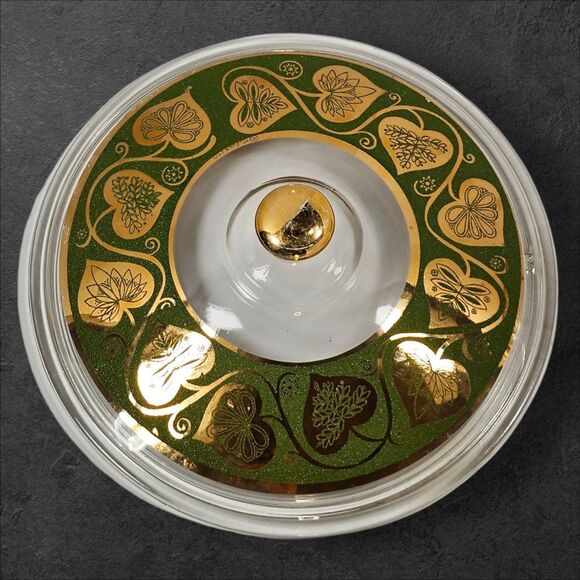 Vintage Fire-King 2 Qt Casserole w/ Culver Ltd 22K Gold & Green Lid Chip - Picture 4 of 11